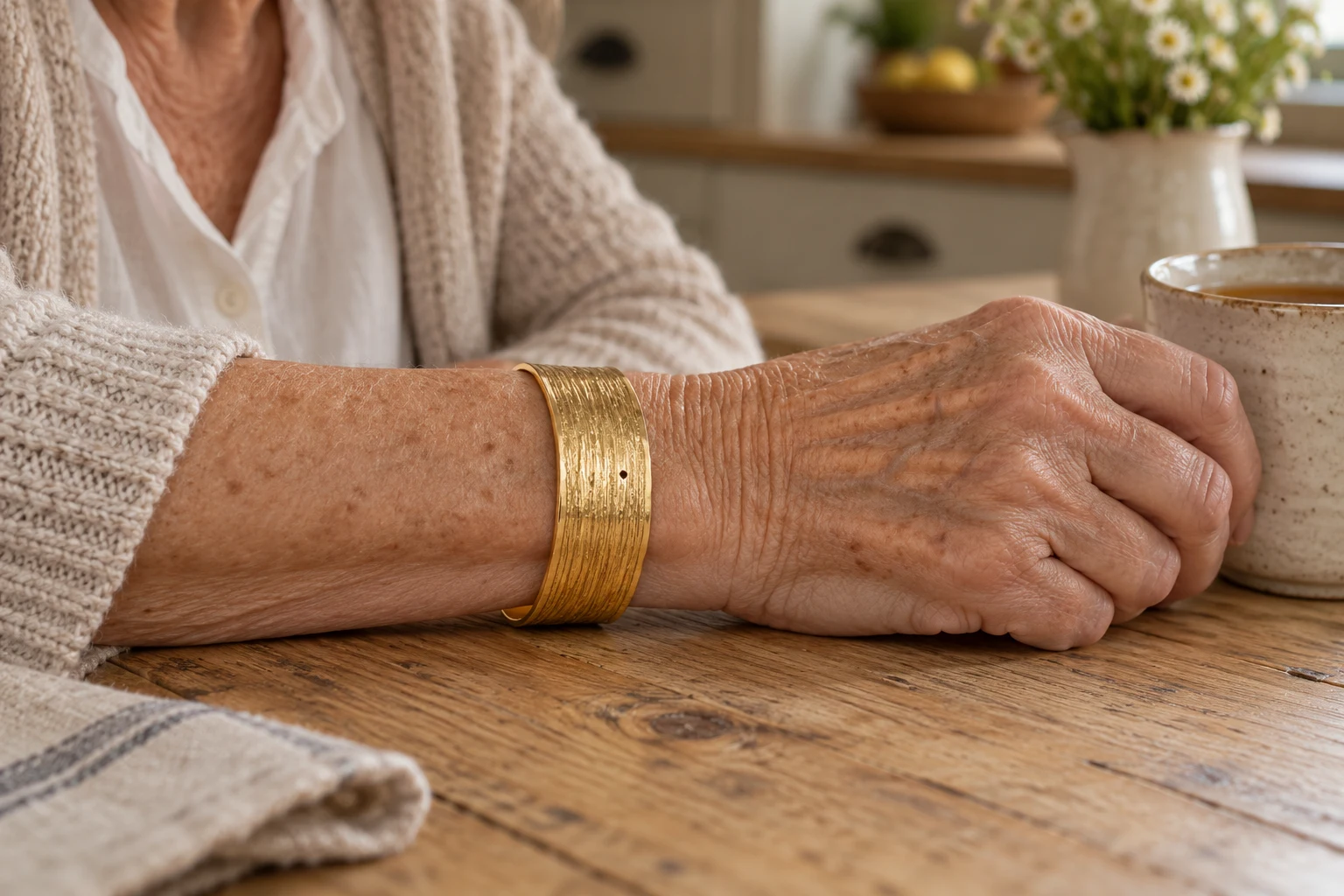 A gold bracelet on an older adult's wrist beside a cup of tea